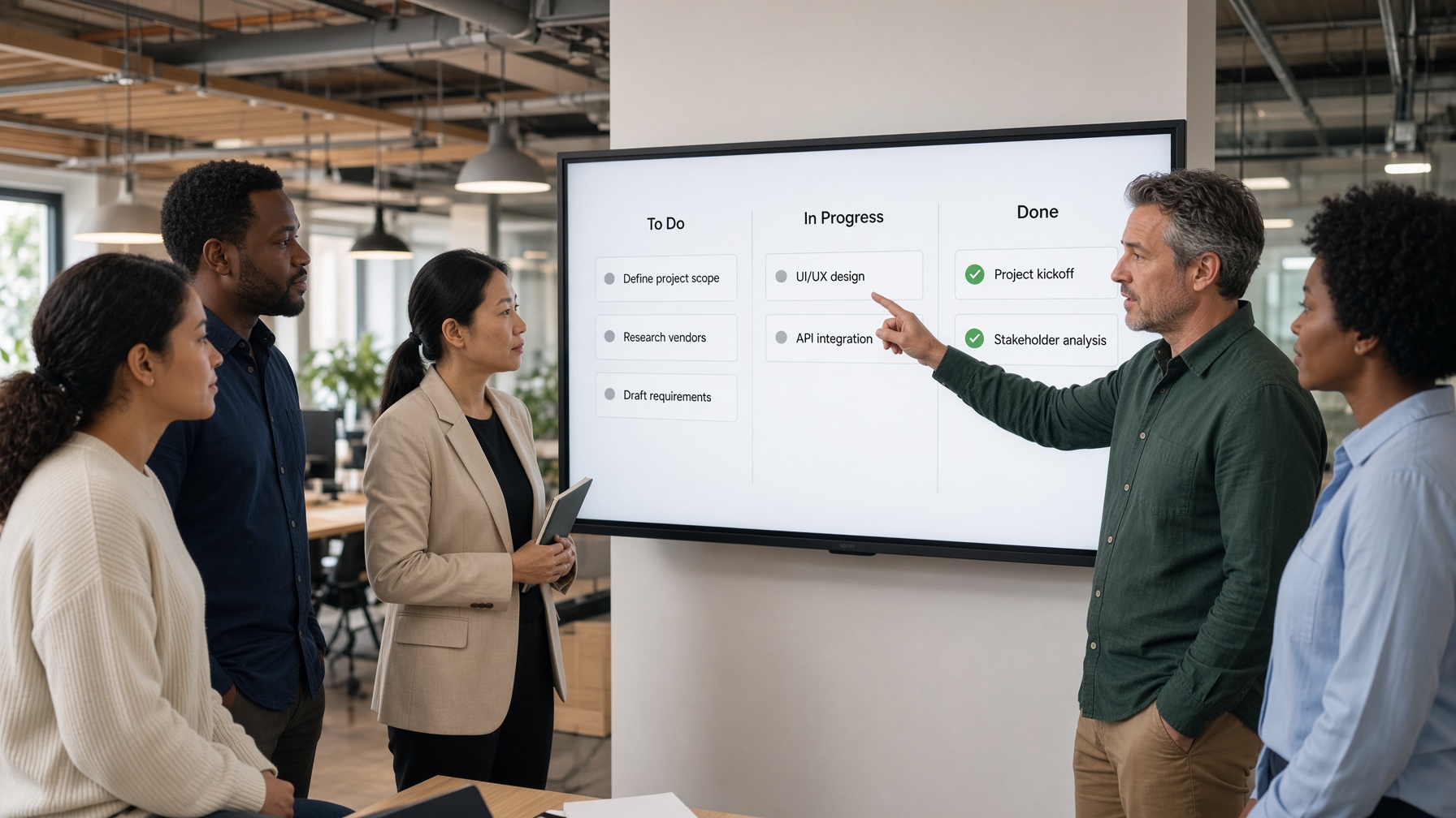 Team reviewing a shared project board